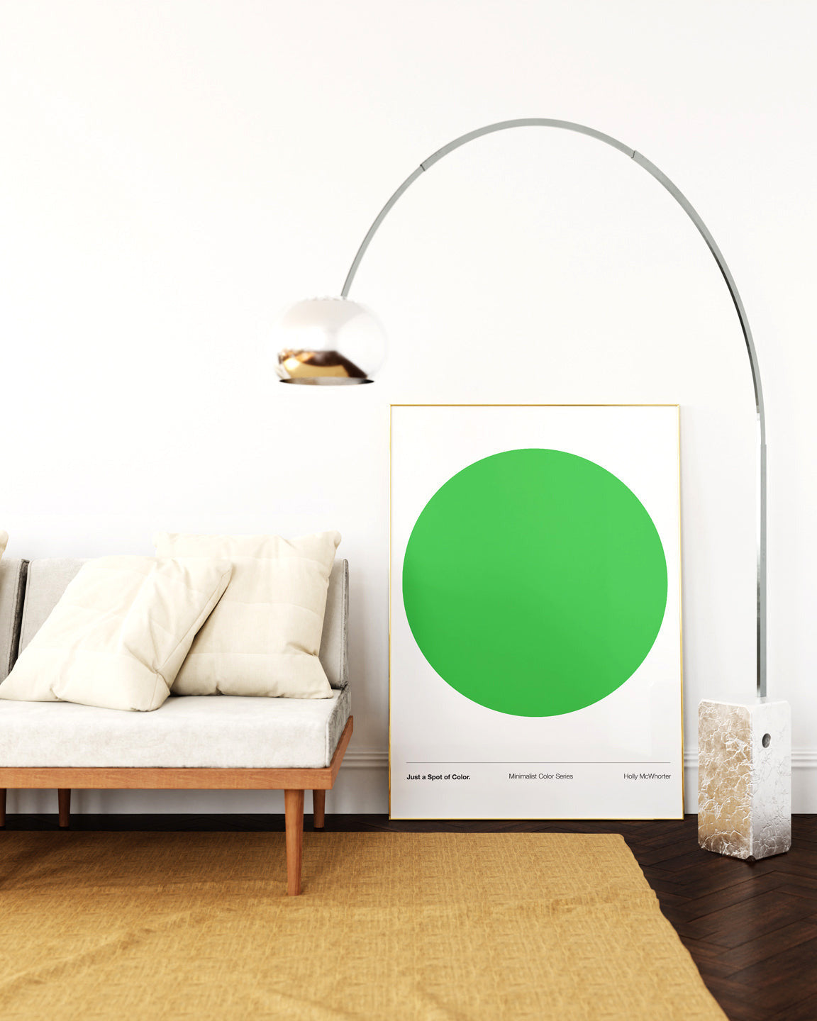 Modern interior with a green circle poster on the wall, a sofa, and a floor lamp.