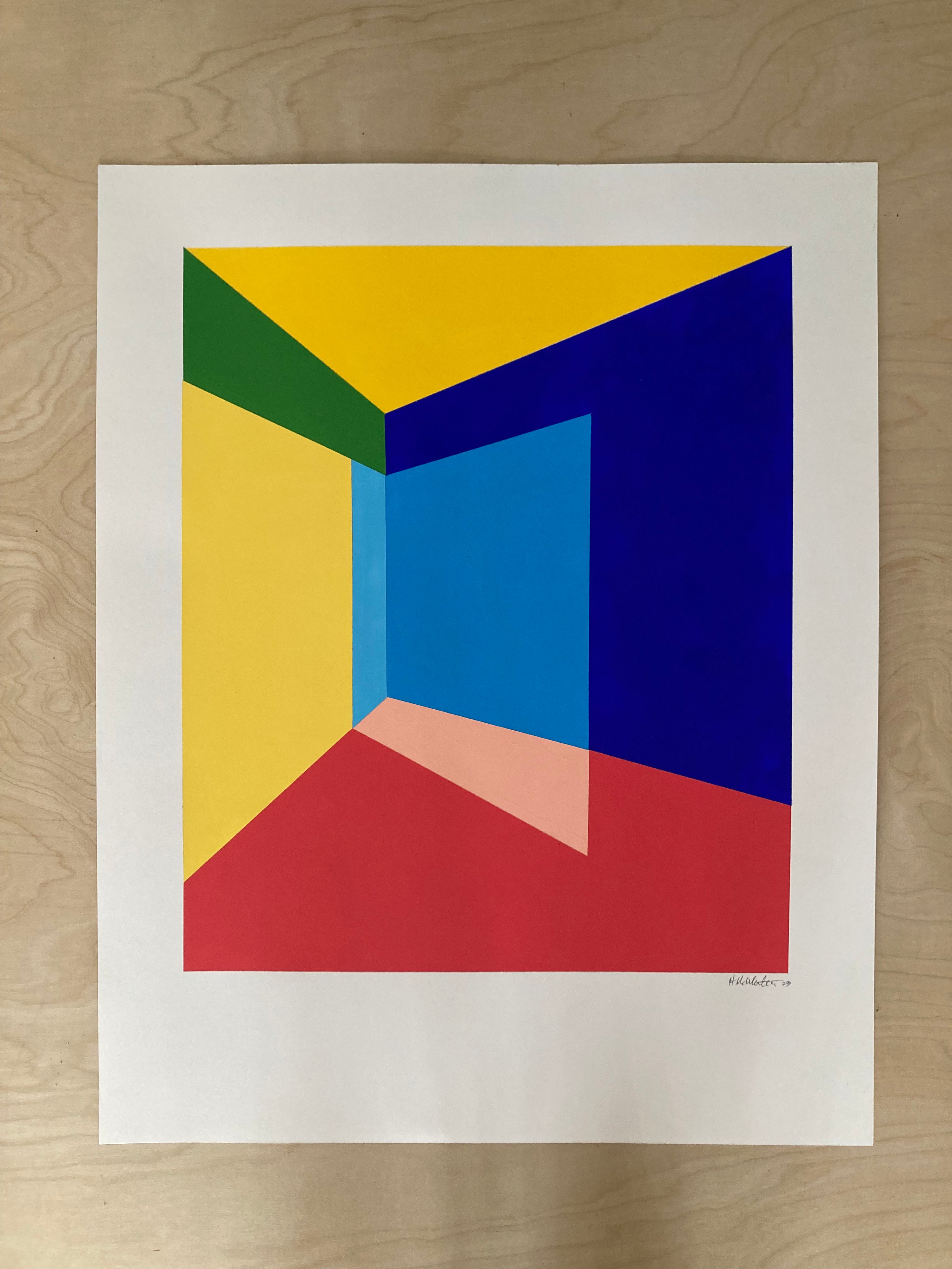 Abstract art print with geometric shapes on a wooden surface