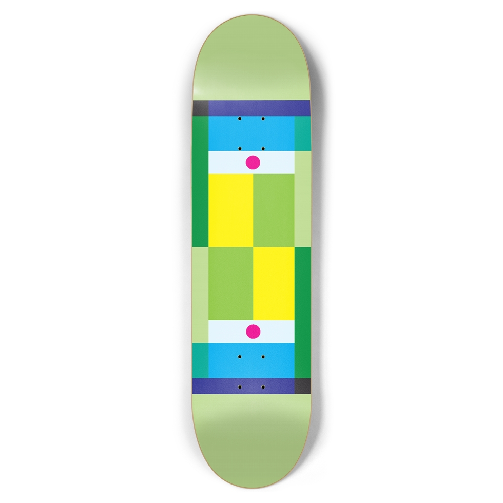 Skateboard deck with colorful geometric pattern on a white background