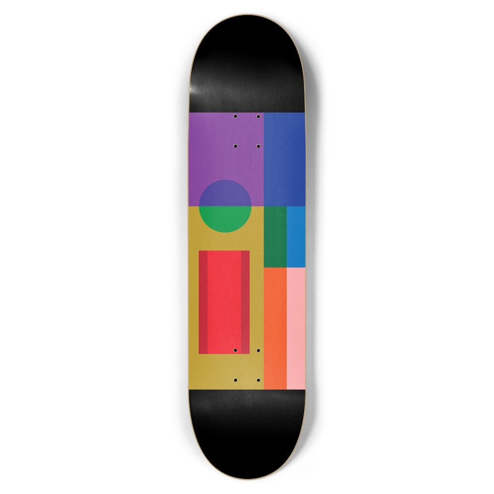 Skateboard deck with colorful geometric design on a white background