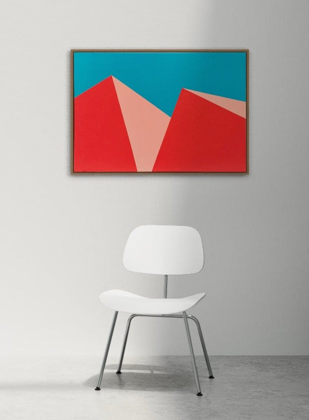 abstract painting by holly mcwhorter. horizontal orientation. colors are deep sky blue, orange-red, and peachy pink. geometric shapes. original painting in acrylic on cotton canvas.