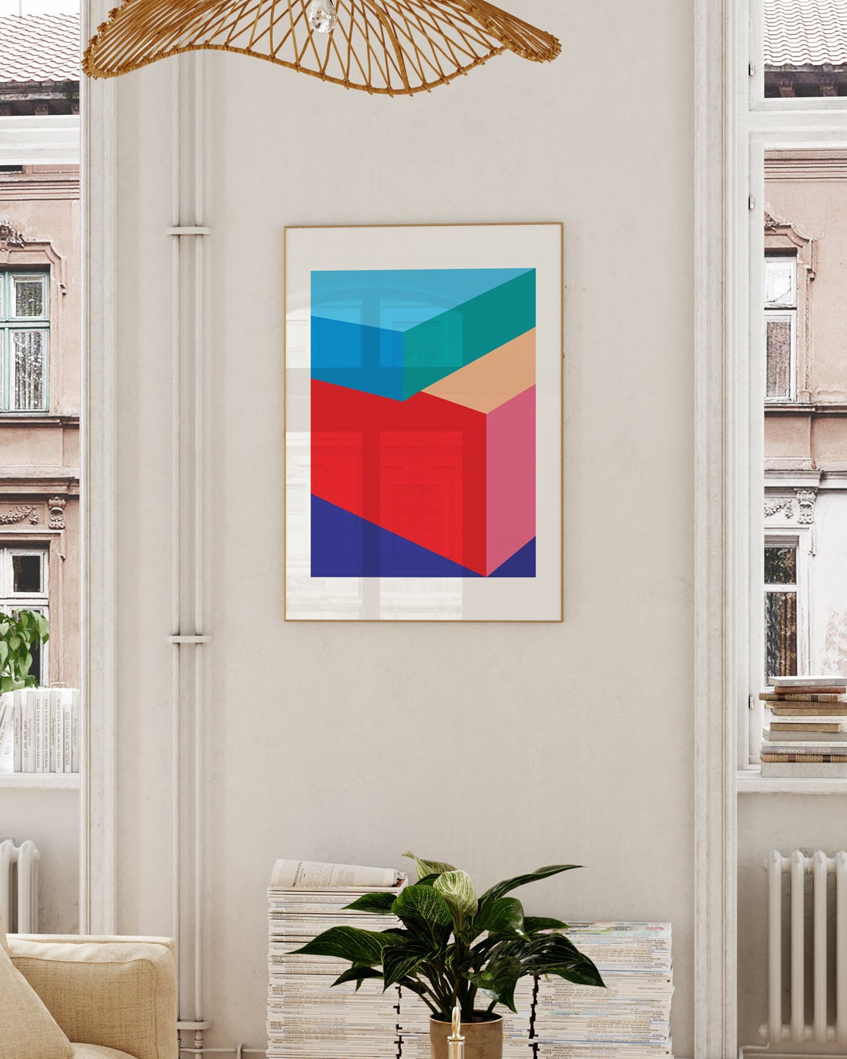 Colorful geometric art piece on a wall in a living room.
